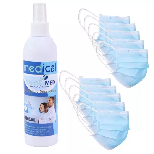 10 Atemmasken Mund-Nasen-Maske und 1 Desinfektionsmittel 250ml
